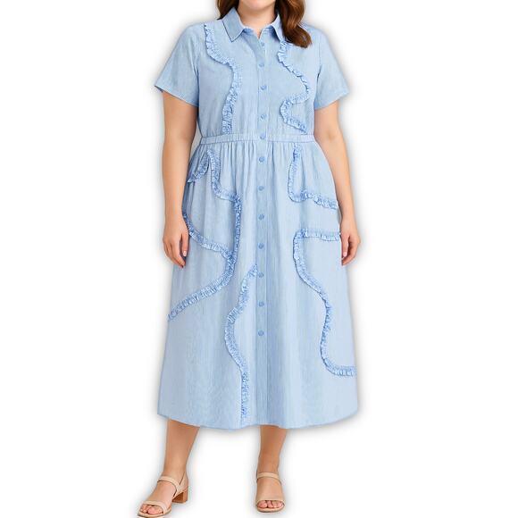 Kate Spade Dress Blue Stripe Ruffle Button Front Midi Fit Flare Coastal XXL - Picture 1 of 10